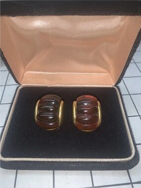 Vintage gold Givenchy earrings Non pierced earrings Brown lucite earrings